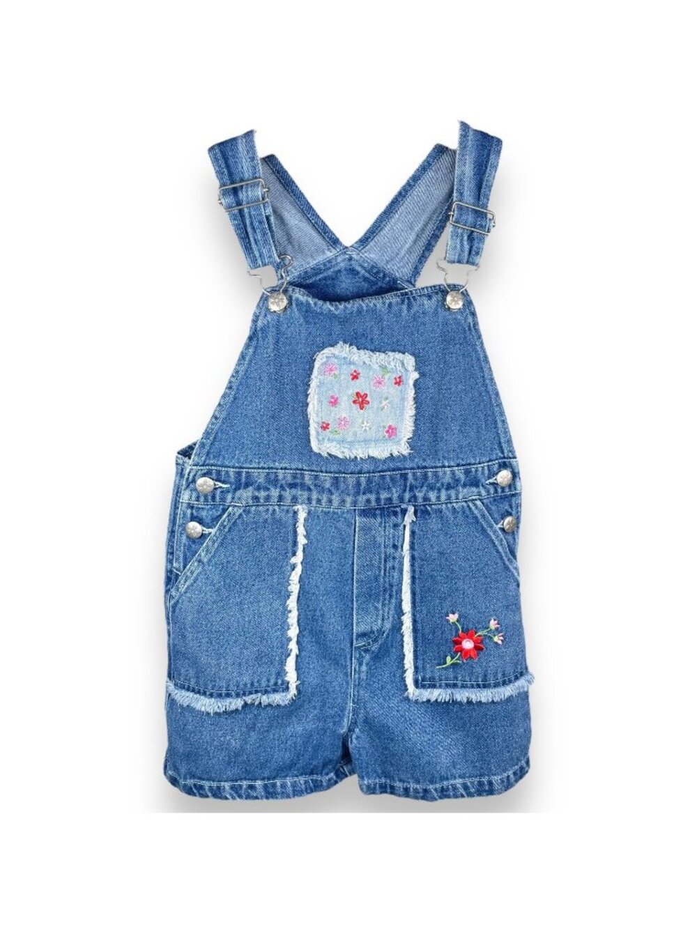 Vintage Girls Floral Embroidered Dark Wash Denim Fringe Short Overalls 5 / 6